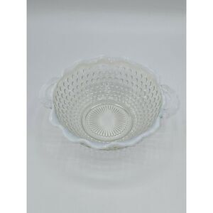 Anchor Hocking Opalescent Moonstone Hobnail Glass‎ Bowl Ruffled Handles 7"